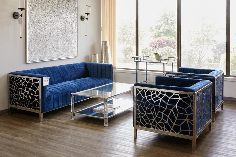 Blue Geometric Sofa 3 Seats 