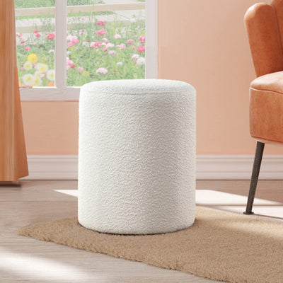 White Round Boucle Fabric Ottoman