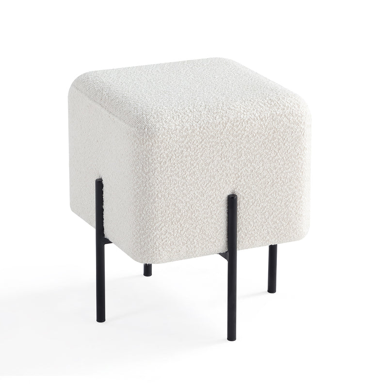 Ivory Cube-Shaped Boucle Stool 