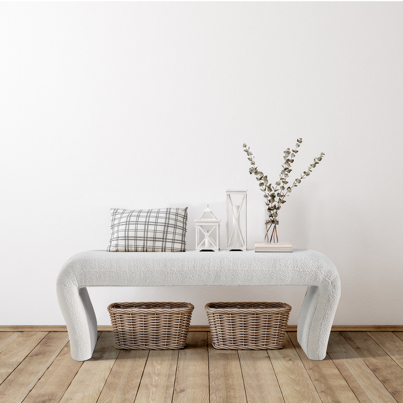 White Curved Boucle Ottoman Bench 