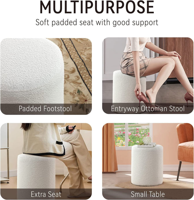 White Round Boucle Fabric Ottoman