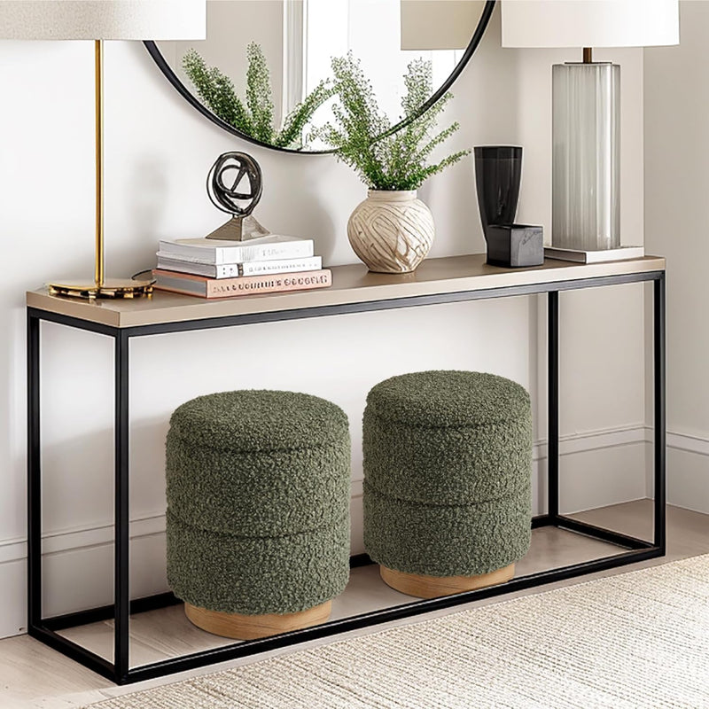 Wooden Base Storage Ottoman: Olive Boucle 