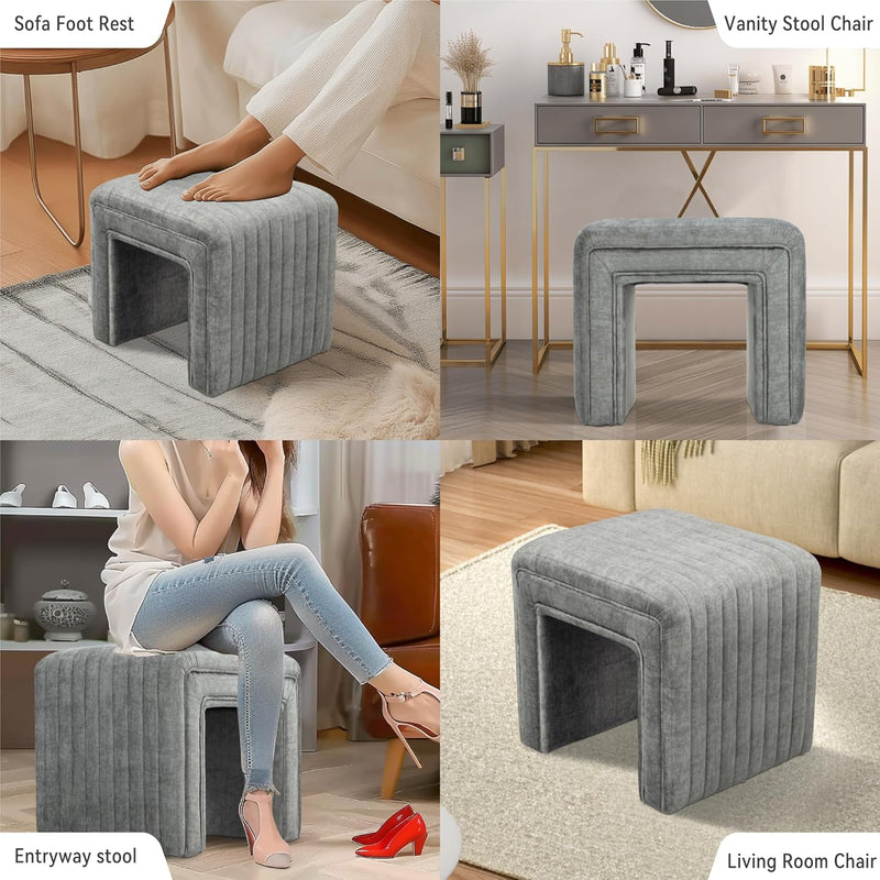 Gray U Shaped Velvet Ottoman 