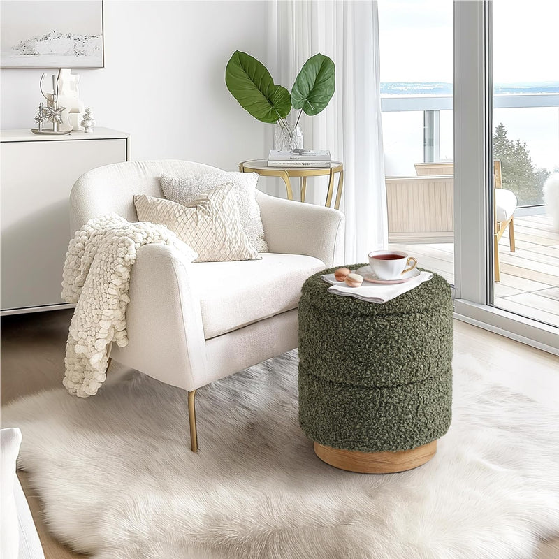 Wooden Base Storage Ottoman: Olive Boucle 