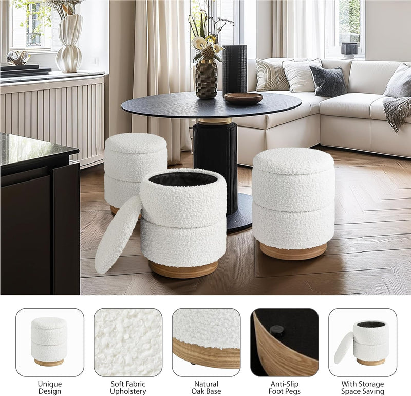 Wooden Base Storage Ottoman: White Boucle 