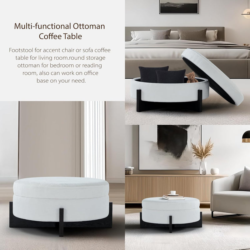 White Round Ottoman Coffee Table with Storage 