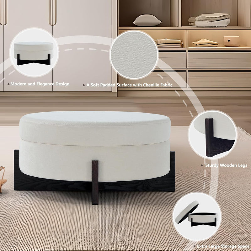 Beige Round Ottoman Coffee Table with Storage 