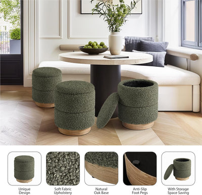 Wooden Base Storage Ottoman: Olive Boucle #100106