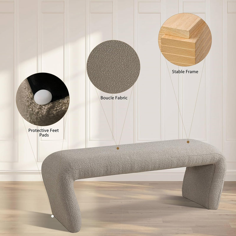 Khaki Curved Boucle Ottoman Bench 