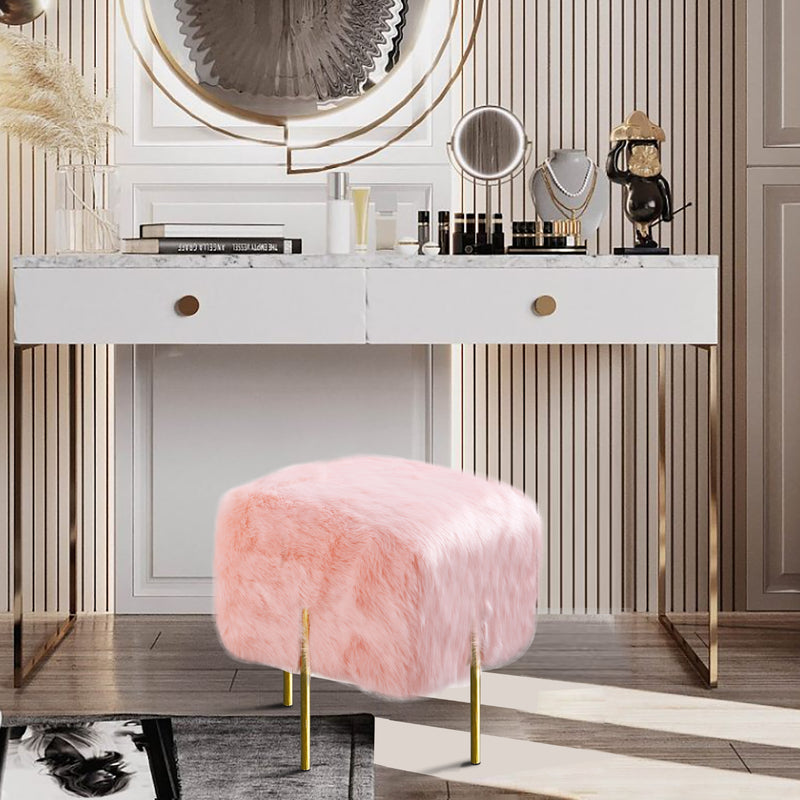 Pink Fur Cube-Shaped Cushioned Stool