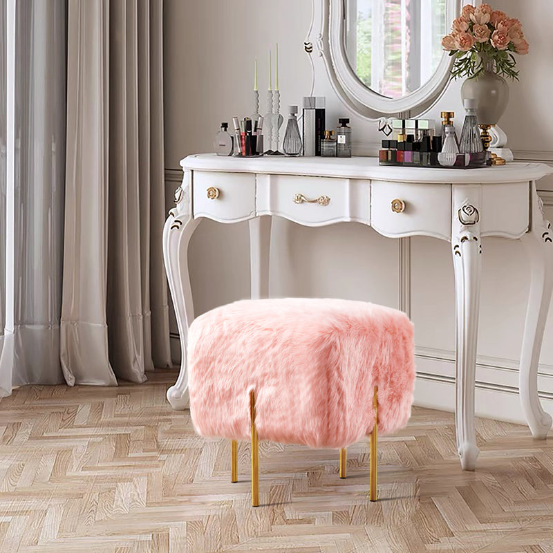 Pink Fur Cube-Shaped Cushioned Stool