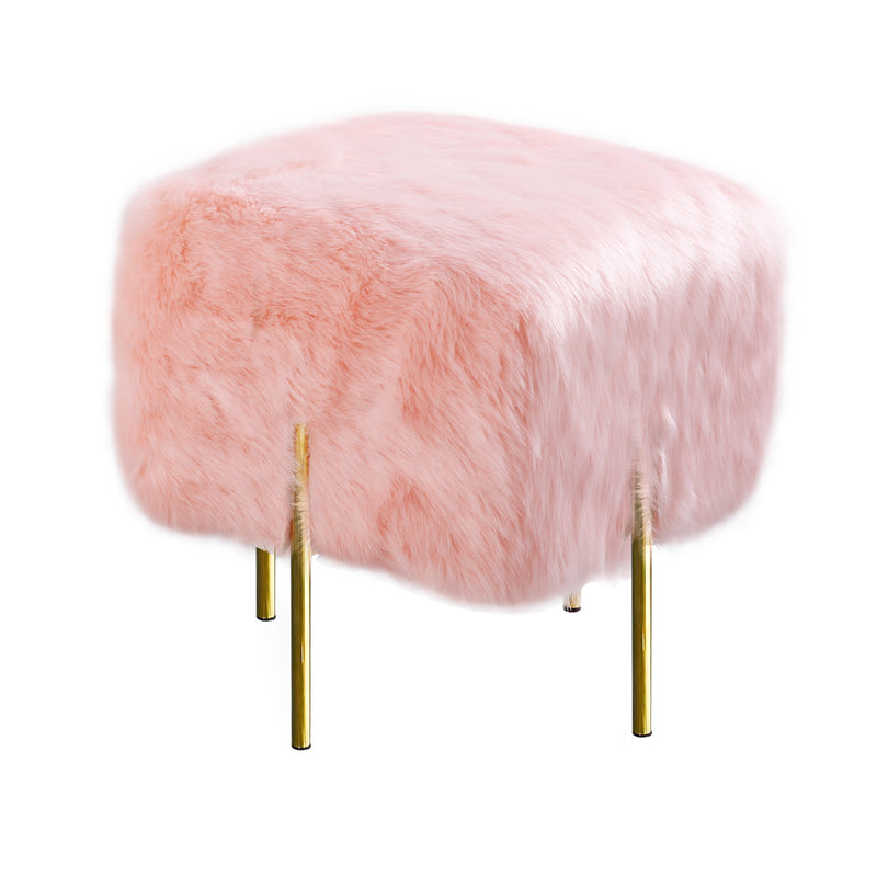 Pink Fur Cube-Shaped Cushioned Stool