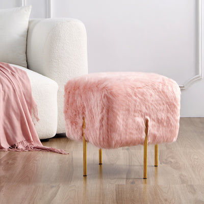 Pink Fur Cube-Shaped Cushioned Stool