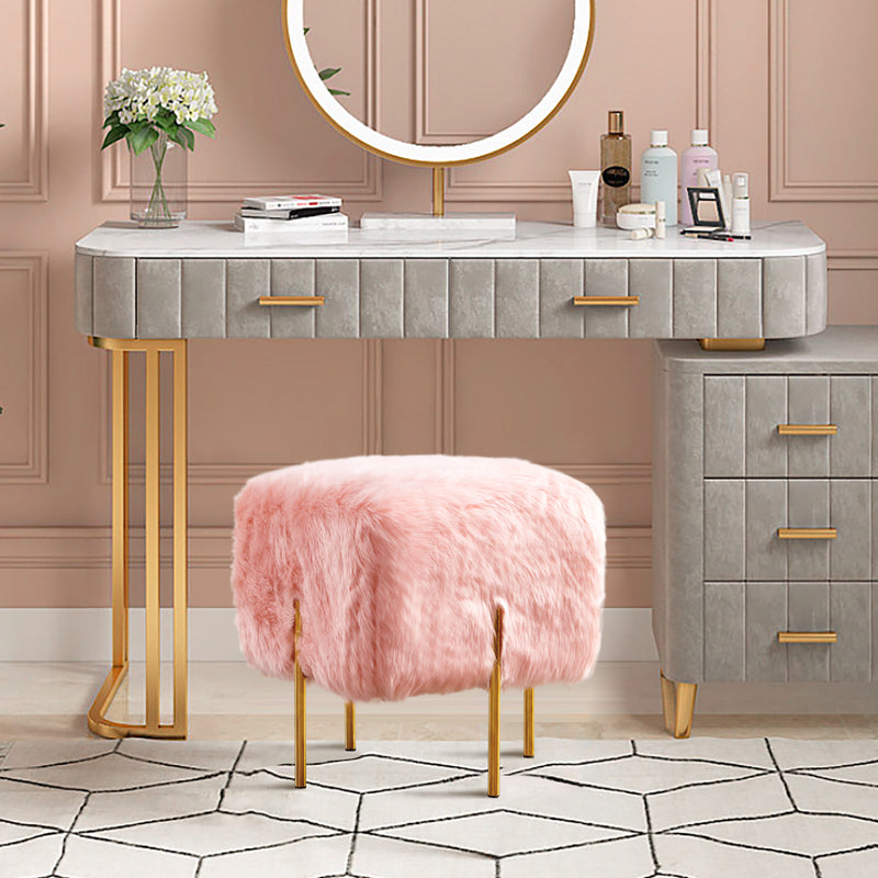 Pink Fur Cube-Shaped Cushioned Stool