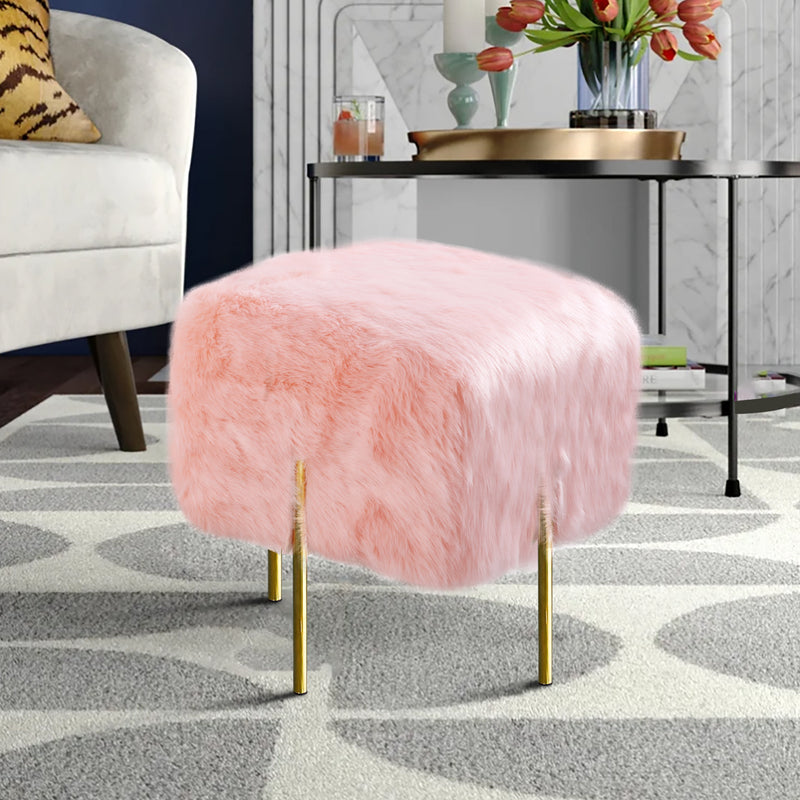 Pink Fur Cube-Shaped Cushioned Stool