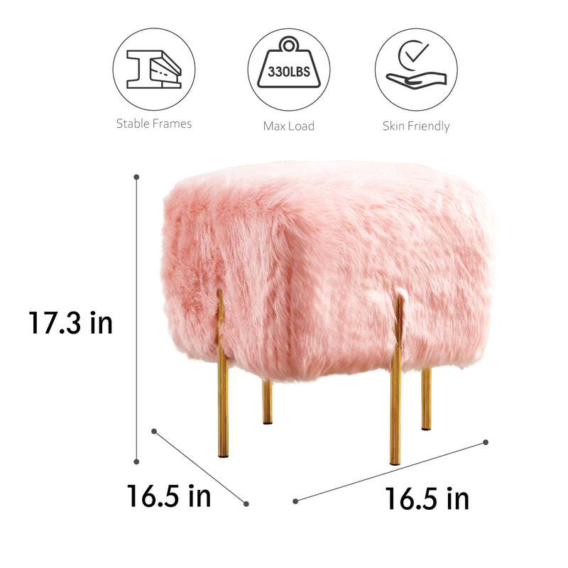 Pink Fur Cube-Shaped Cushioned Stool