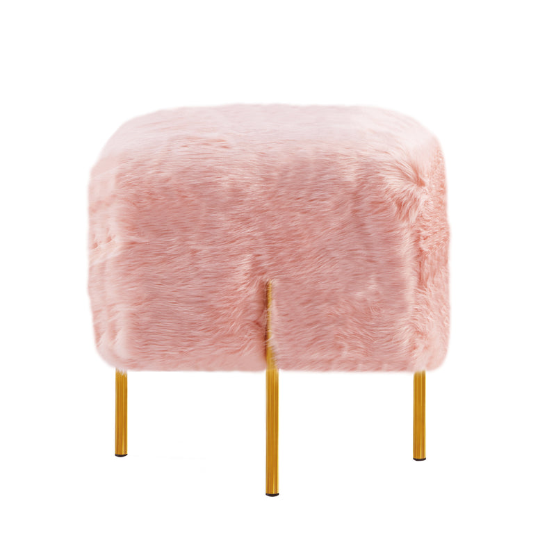 Pink Fur Cube-Shaped Cushioned Stool